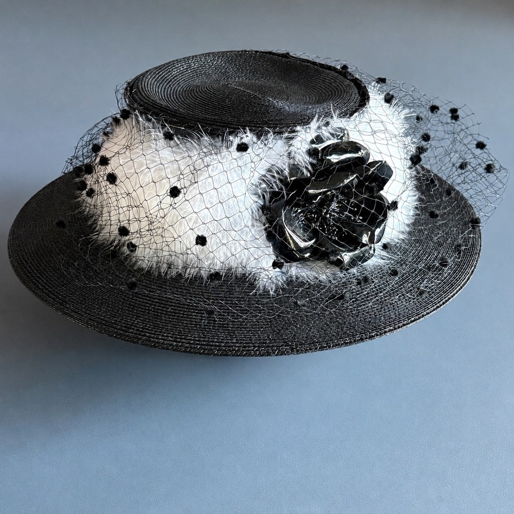 Vintage Frank Olive Neiman Marcus Derby Hat | Sz 6 3/4 | Black White Wide Brim |